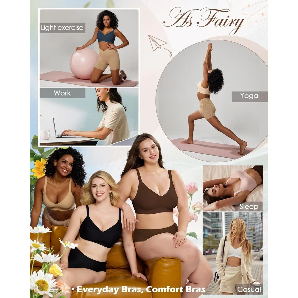 As Women's Fairy Seamless Wireless Push Up Comfort Bras V Neck Back 32DD